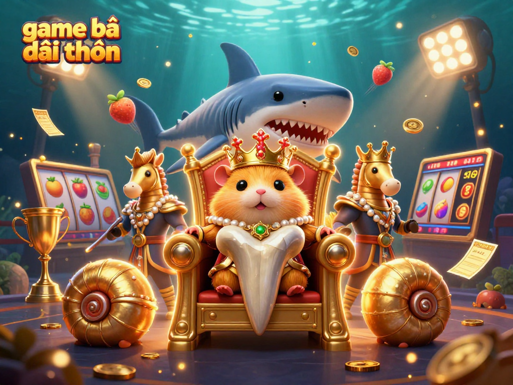 Engage with the vibrant game bài đổi thưởng scene featuring a golden hamster king and thrilling slot elements.