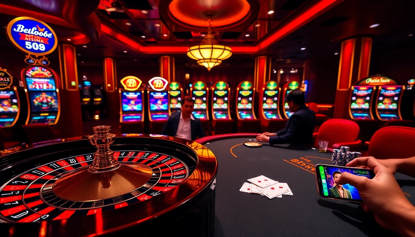 Players enjoying casino games at Helloo88 with roulette wheels and vibrant poker chips.
