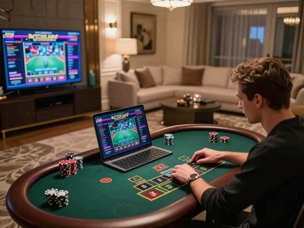 Player engaging with VIPWIN casino games online in a stylish home setting