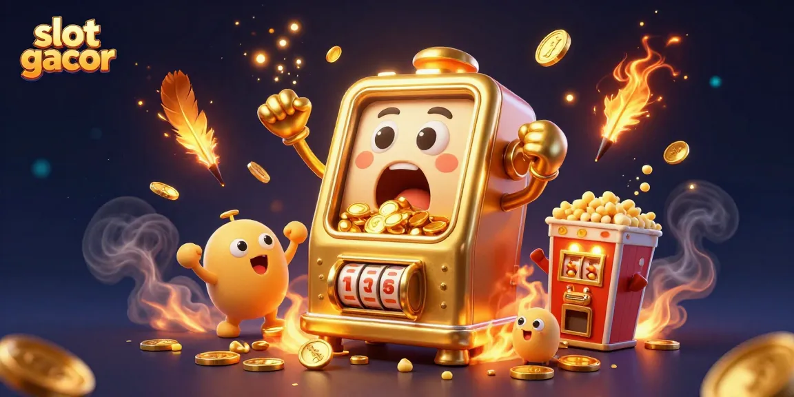 Slot gacor menampilkan mesin slot emas yang terkejut saat jackpot, dikelilingi koin bergerak.