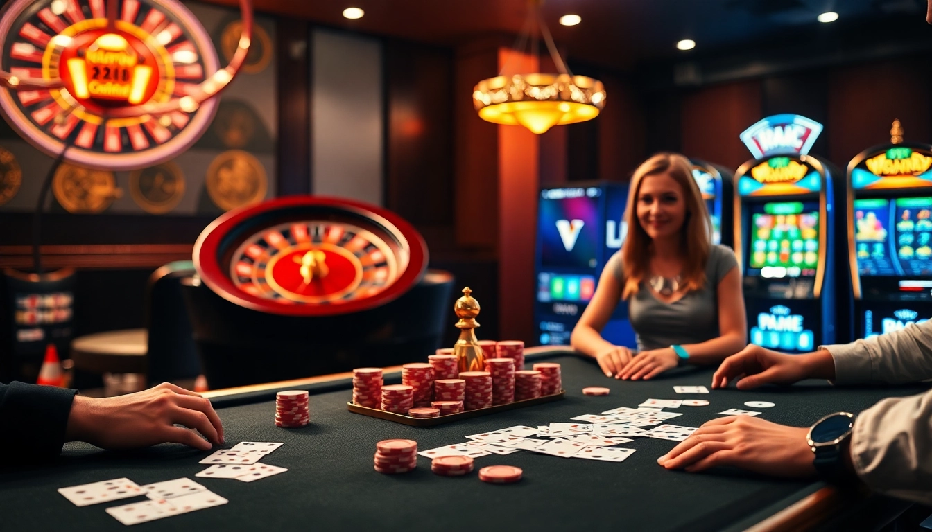 Experience thrilling gameplay at https://vj88.com/ with a luxurious casino setting featuring a poker table and roulette wheel.