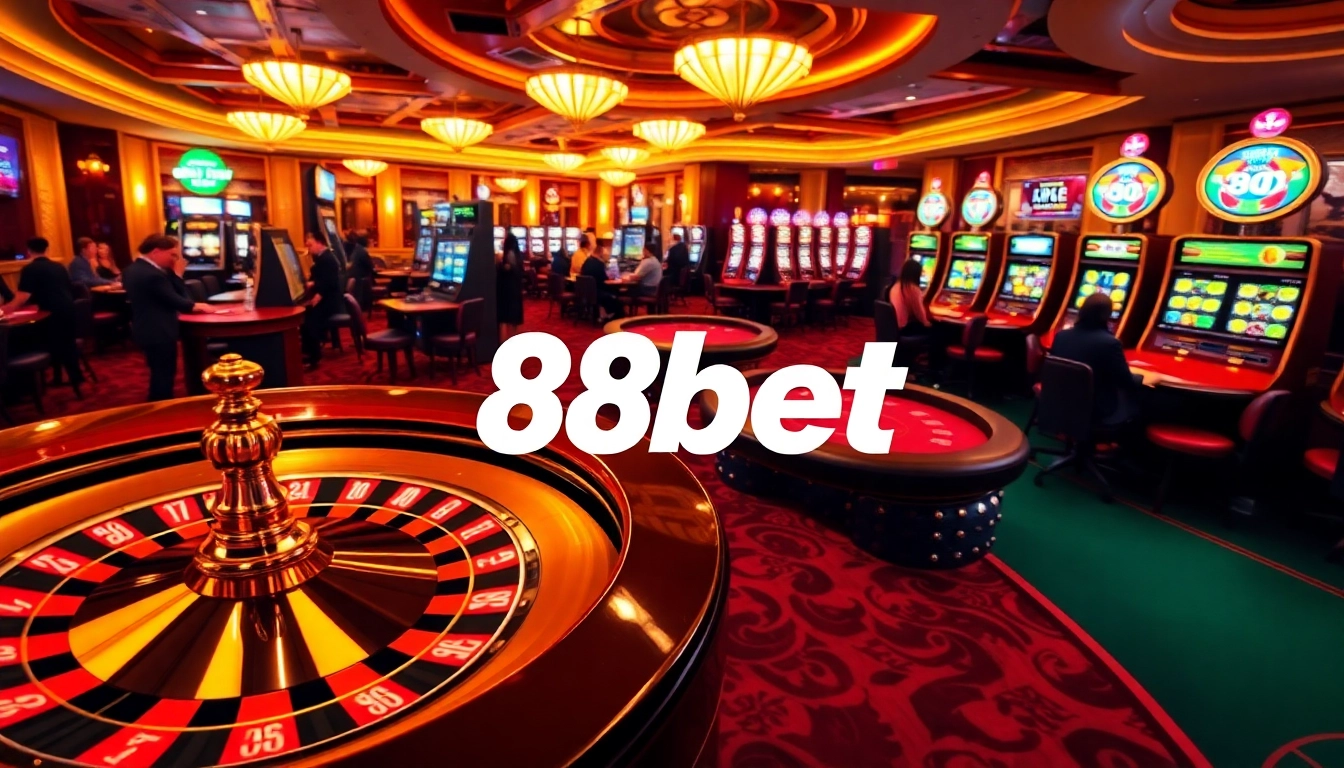Players engaging with a lavish 88bet casino atmosphere, featuring poker tables and roulette wheels.