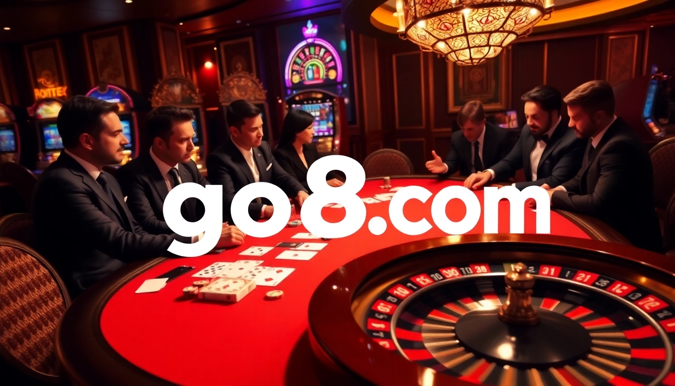 Experience the thrill of go8 com with an elegant casino scene featuring vibrant poker games.