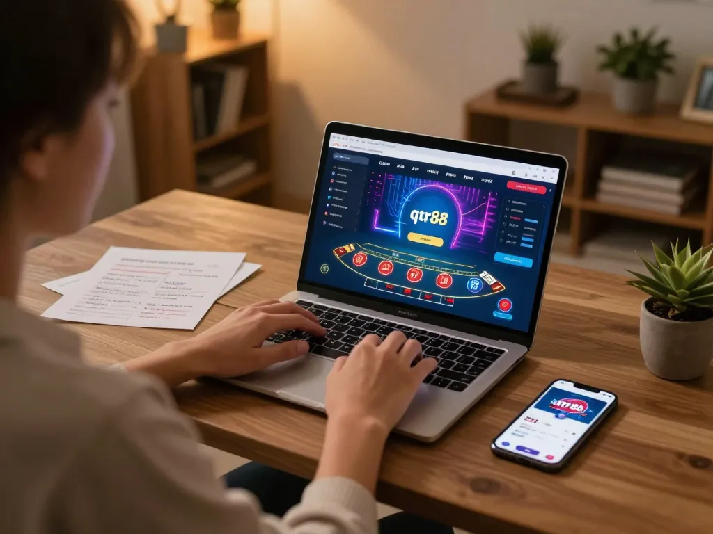 Player engaged in qtr88 online blackjack gaming with strategic notes at desk