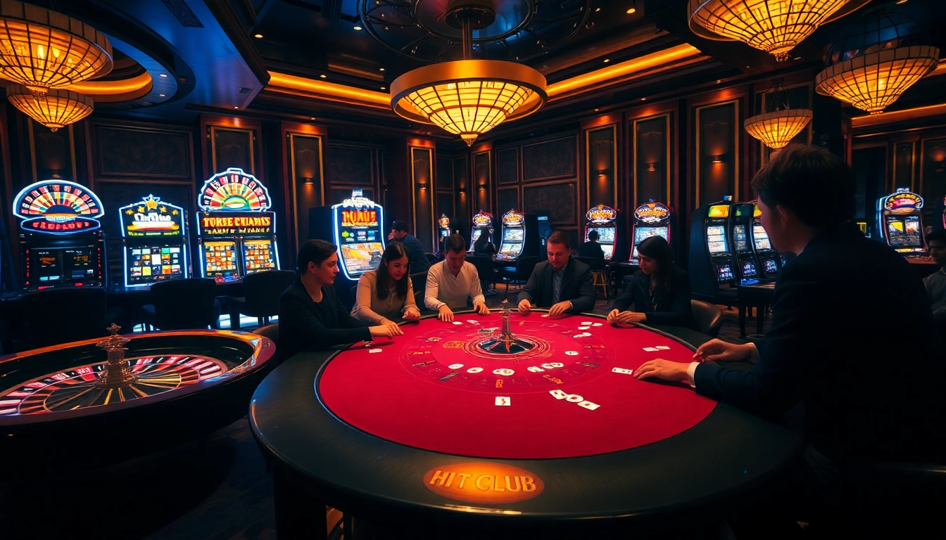 Hit Club gaming experience with players at a poker table, roulette wheel, and slot machines.