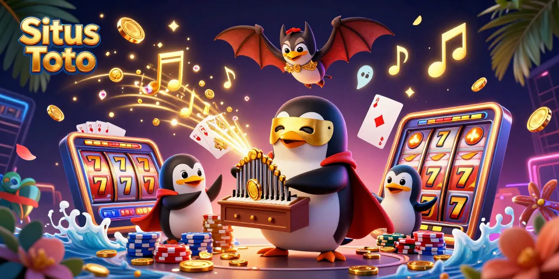 Situs Toto menampilkan ilustrasi 3D dengan penguin kartun dan organ pipa berderai koin emas dalam suasana kasino yang penuh warna.
