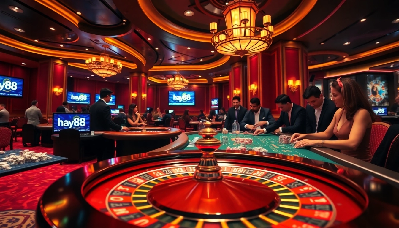 Experience high-stakes gambling at hay88 with vibrant roulette and poker table interactions.