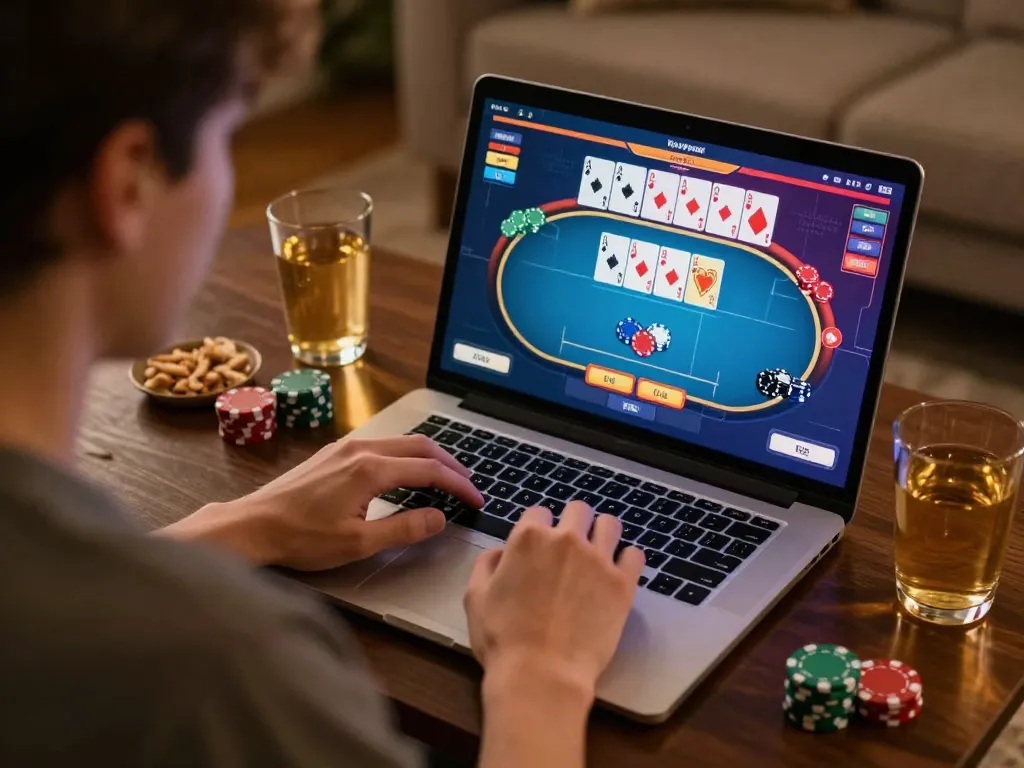 KJC online gaming session showing a player focused on poker gameplay on a laptop.