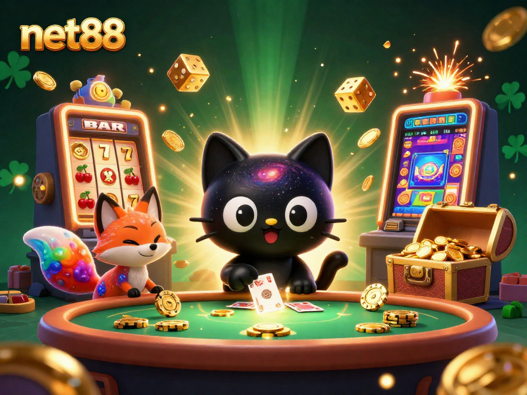 Experience the vibrant energy of net88 in a cosmic casino scene with colorful characters and exciting game elements.