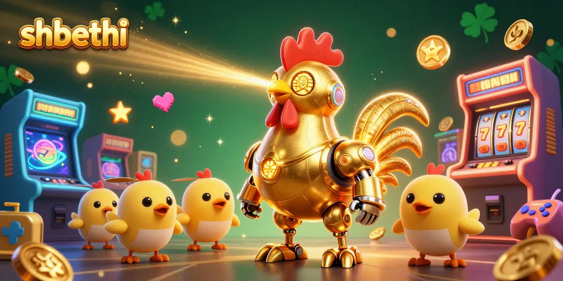 Experience shbethi's vibrant casino world with a golden rooster robot and colorful game elements.