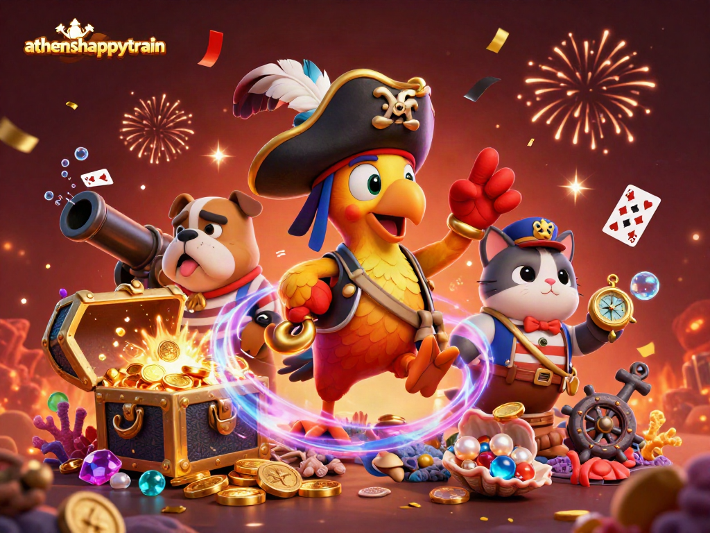 Join in on the adventure with athenshappytrain as the pirate captain parrot leads the crew amidst sparkling treasure and casino excitement.