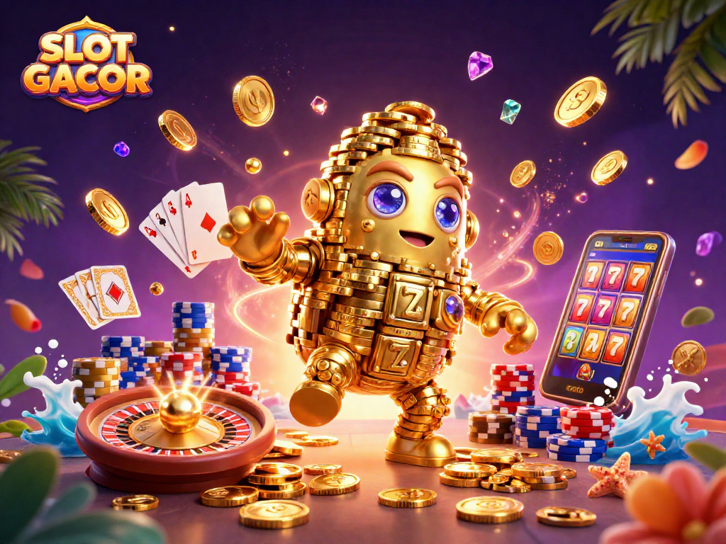 SLOT GACOR showcases an exciting 3D digital scene with a golden golem and casino elements, enhancing the gaming experience.