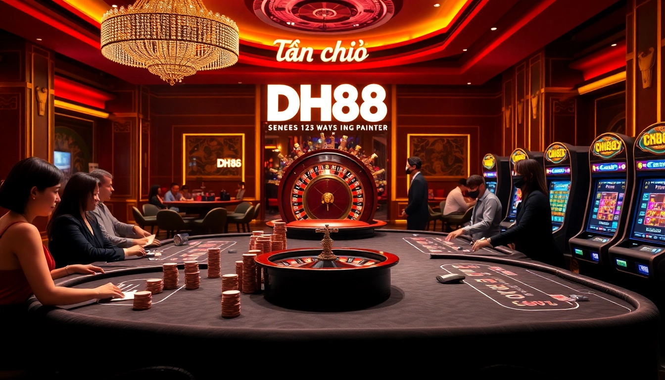 Visual representation of luxury gaming at Trang chủ DH88, featuring poker tables and roulette.