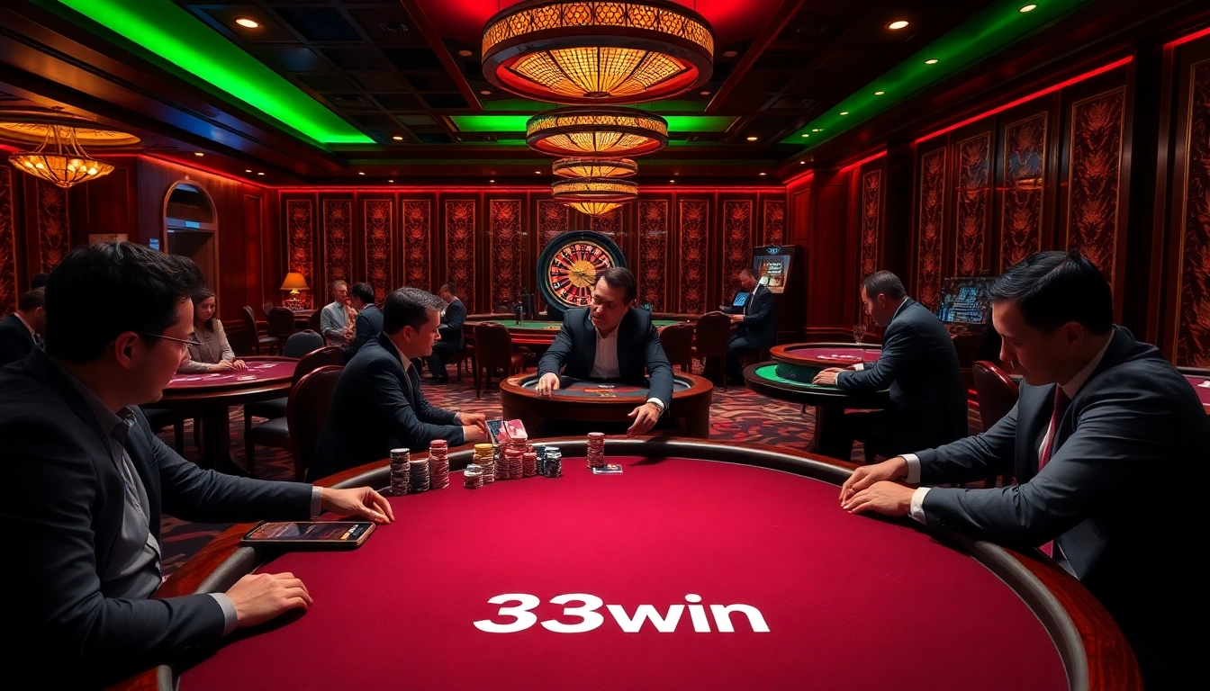 Experience the excitement of 33win at a vibrant poker table surrounded by engaging casino elements.