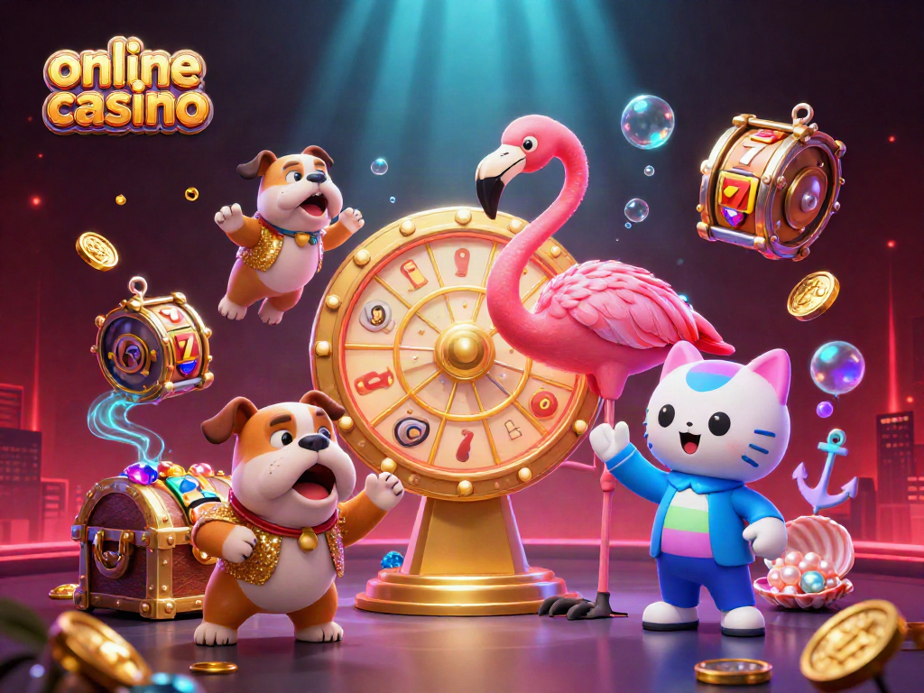 Engaging scene of an online casino game show with a flamingo host, bulldog contestant, and cat assistant, featuring slot machines.