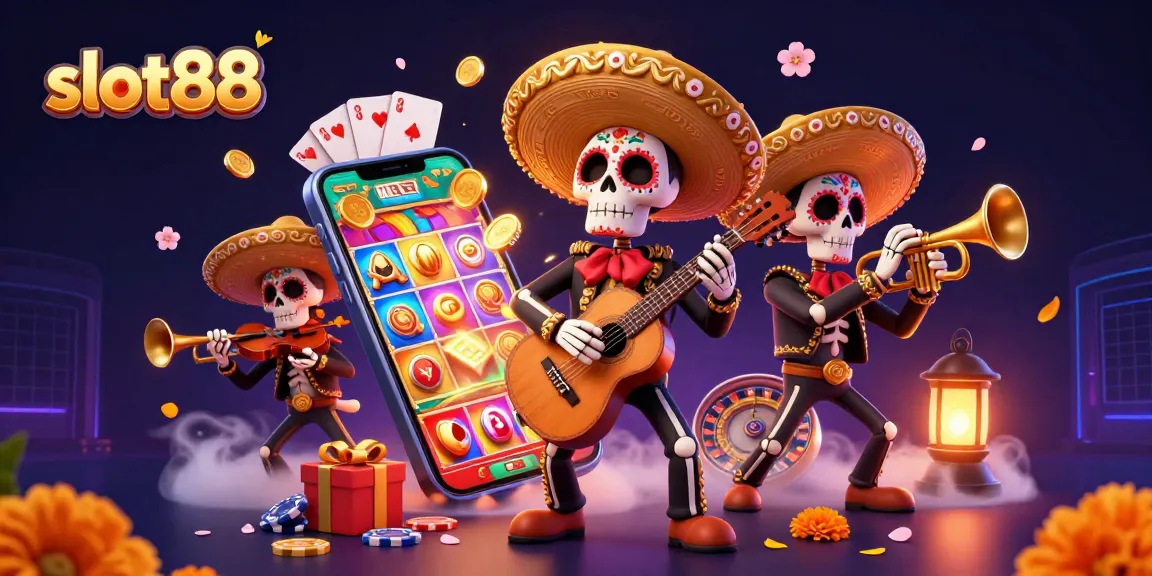 Permainan slot88 yang menarik dengan ilustrasi mariachi, koin emas, dan kartu poker menyebar.