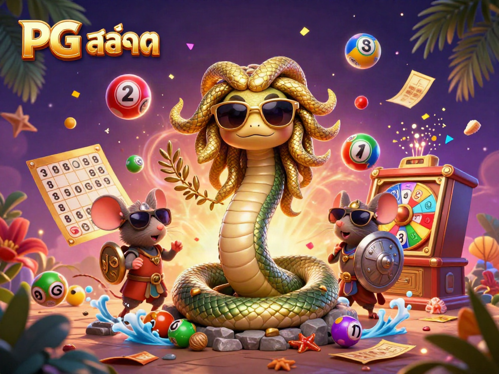 Experience PG สล็อต action with lively characters amidst dynamic lottery elements in a vibrant casino scene.