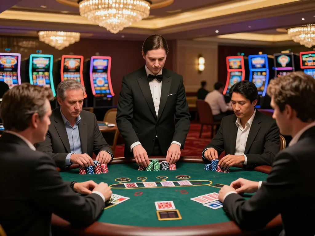 Engaging players at a blackjack table enjoying ดูหนังออนไลน์ฟรี in an upscale casino environment.