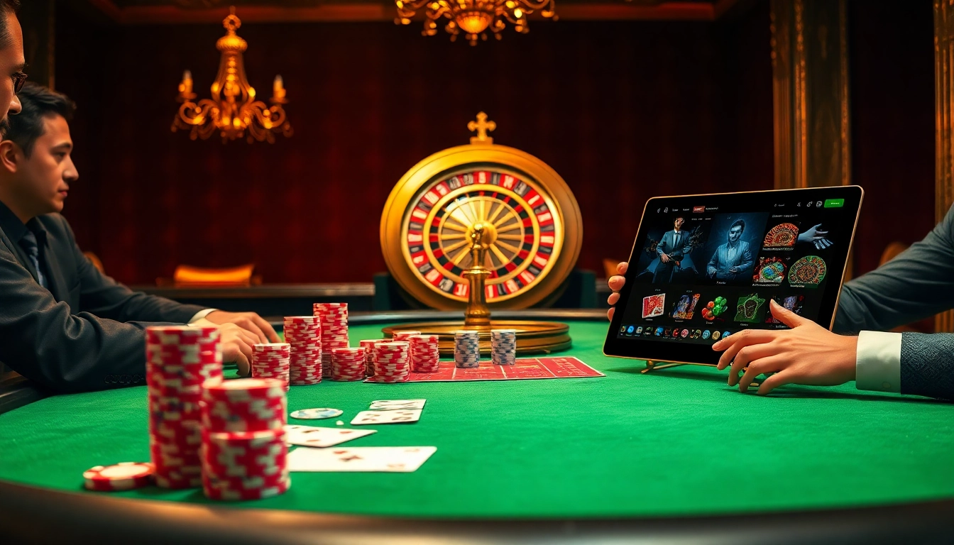 Professional players engage in a poker game at Trang chủ 789club, featuring elegant poker chips and cards.