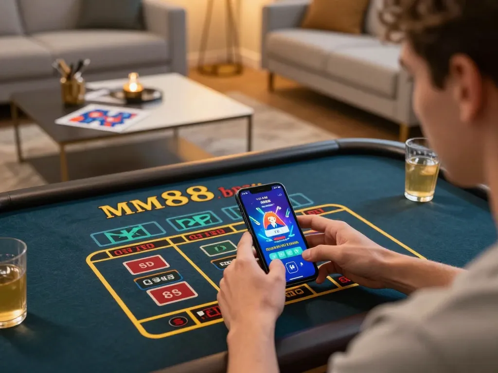 Player engaged in online gaming through the mm88.blog app, showcasing interactive betting elements in a cozy home setting.