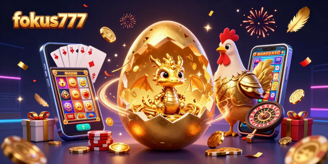 Experience the excitement of Fokus777 with a golden dragon amidst vibrant casino elements.