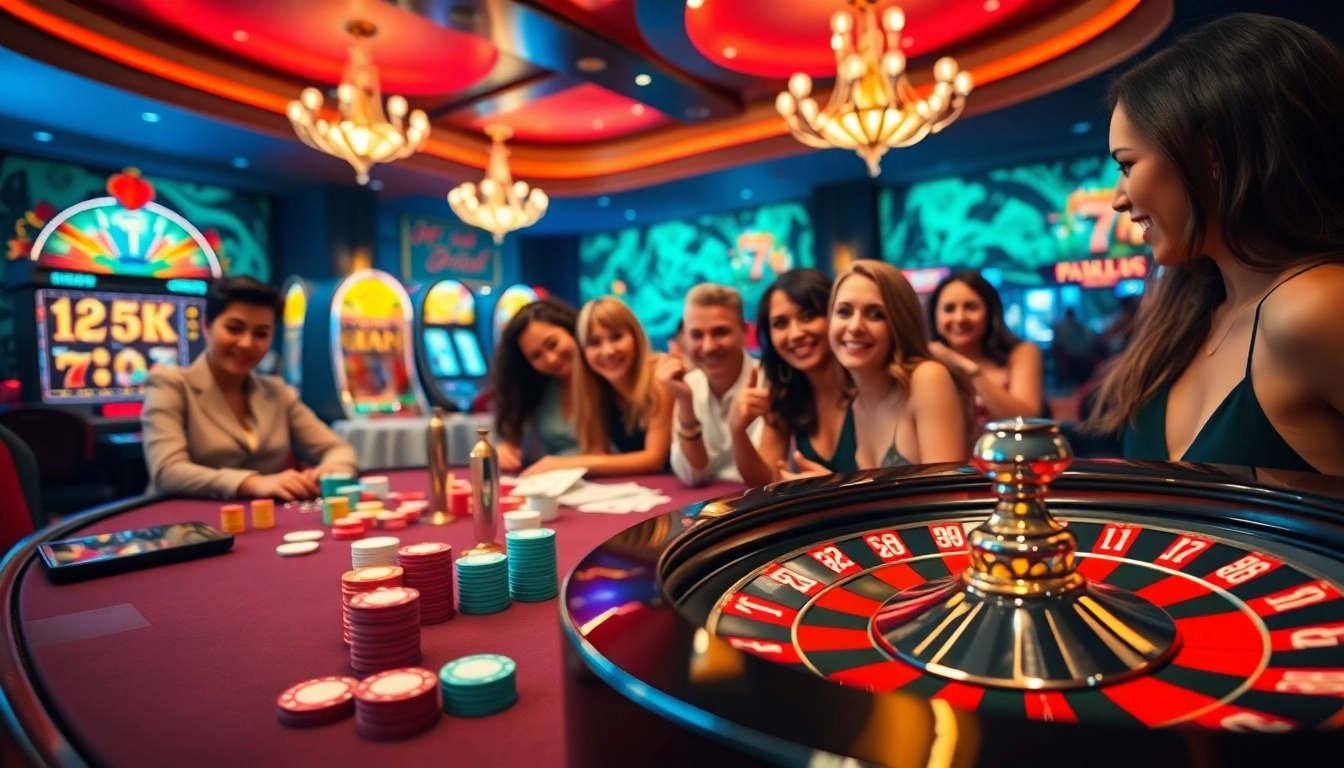Engaged players at a casino table with 789p, showcasing chips, cards, and vibrant slot machines.