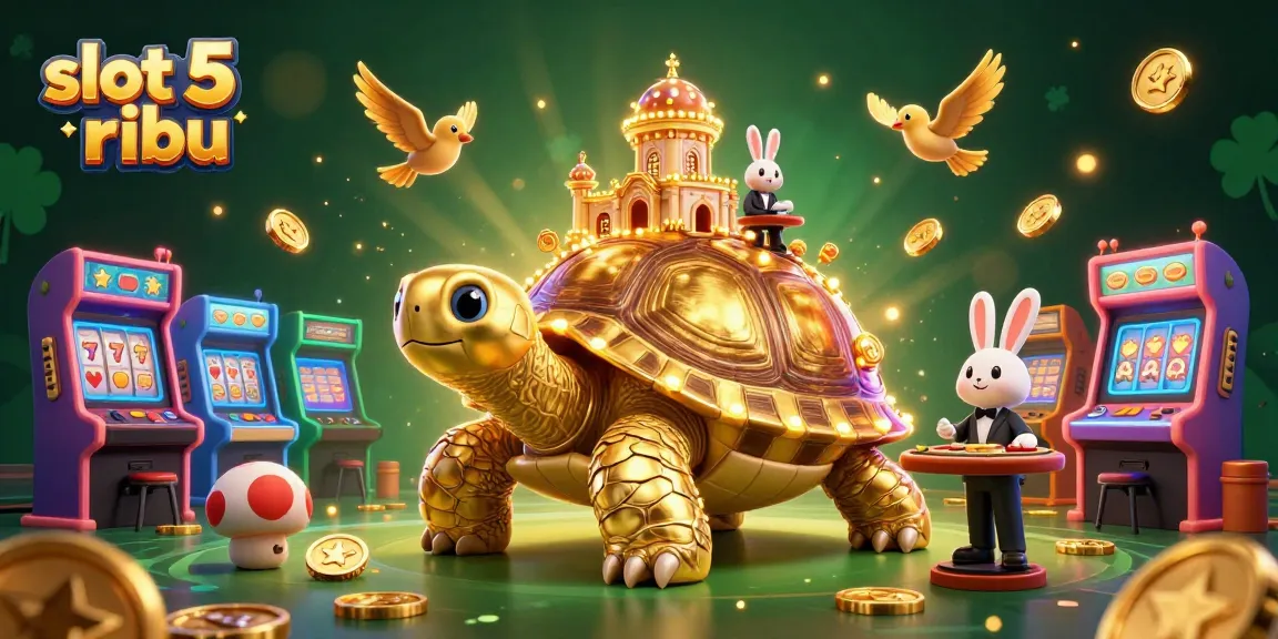 Spin the reels at slot 5 ribu with a vibrant scene showcasing golden tortoise, rabbit dealer, and coins.