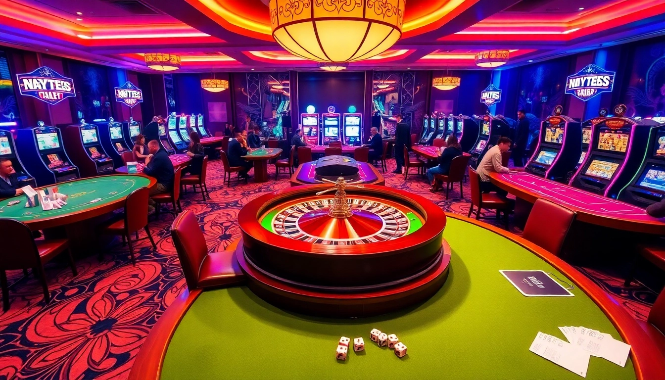 M88 casino players enjoying exciting games at luxurious tables with vibrant roulette and slot machines.