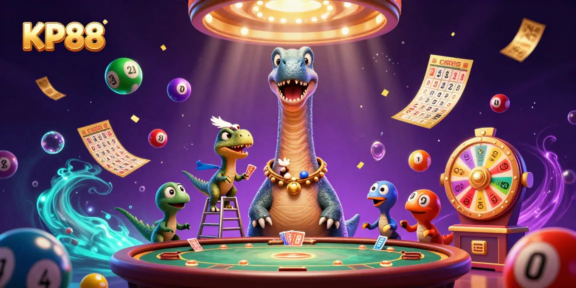 Experience KP88's vibrant casino atmosphere with dinosaurs, colorful lottery balls, and dynamic gameplay elements.