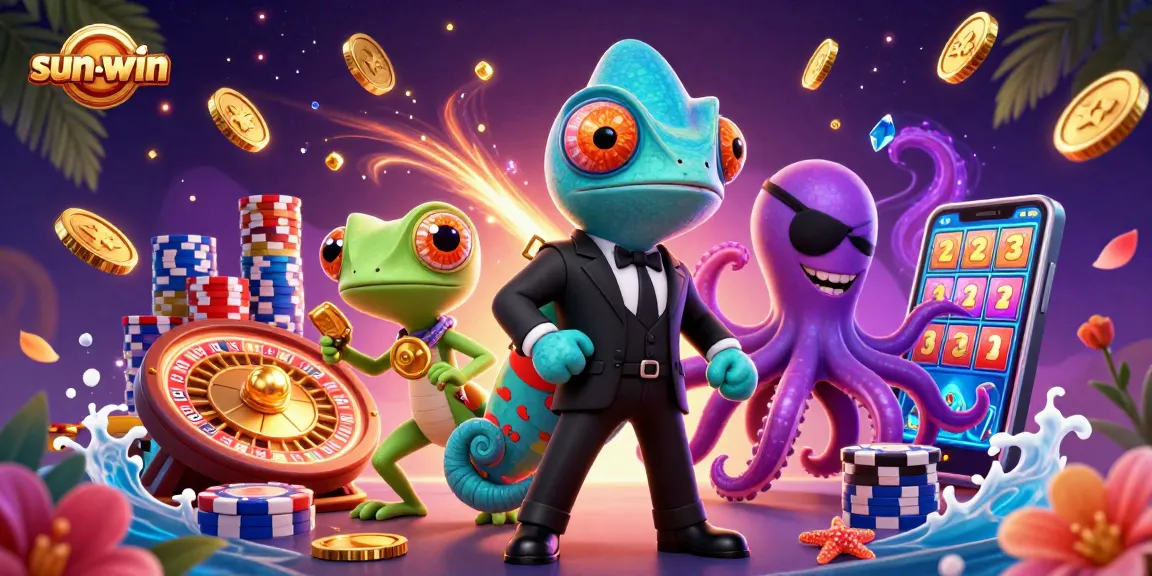 Experience thrilling games at sun-win with chameleon and clever gecko amidst a colorful casino scene!
