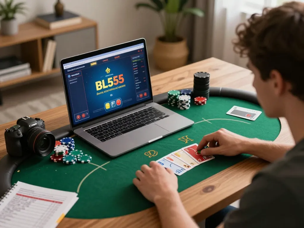 Player placing bets on bl555 as they engage with an online casino poker game at home.