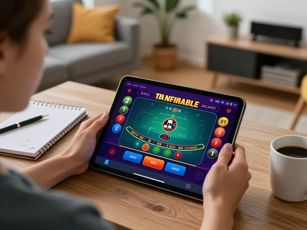 Playing online blackjack on a tablet at home, showcasing Rik vip app interface and strategic notes.