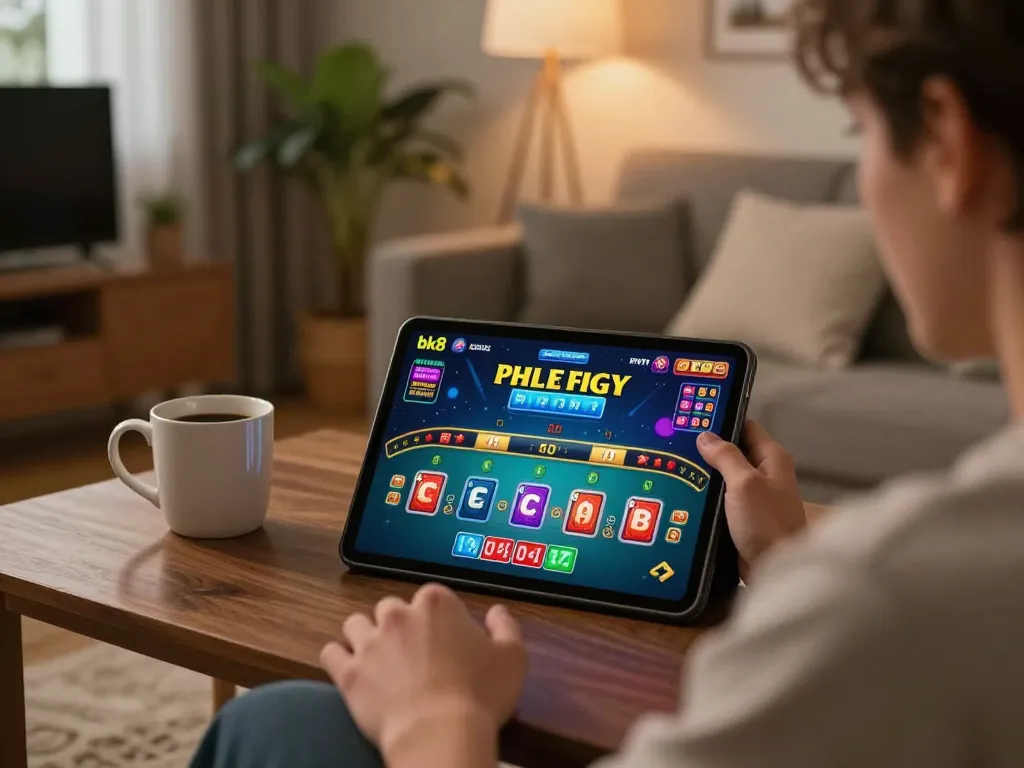 Player enjoying live dealer game on bk8 tablet in cozy living room, emphasizing online casino experience.