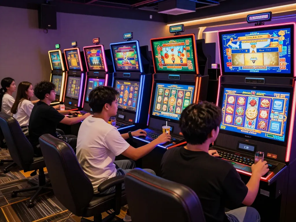 Scene permainan yang mendebarkan menampilkan pemain yang terlibat dalam 'slot gacor hari ini' dengan mesin slot berwarna-warni dan pencahayaan ambient.