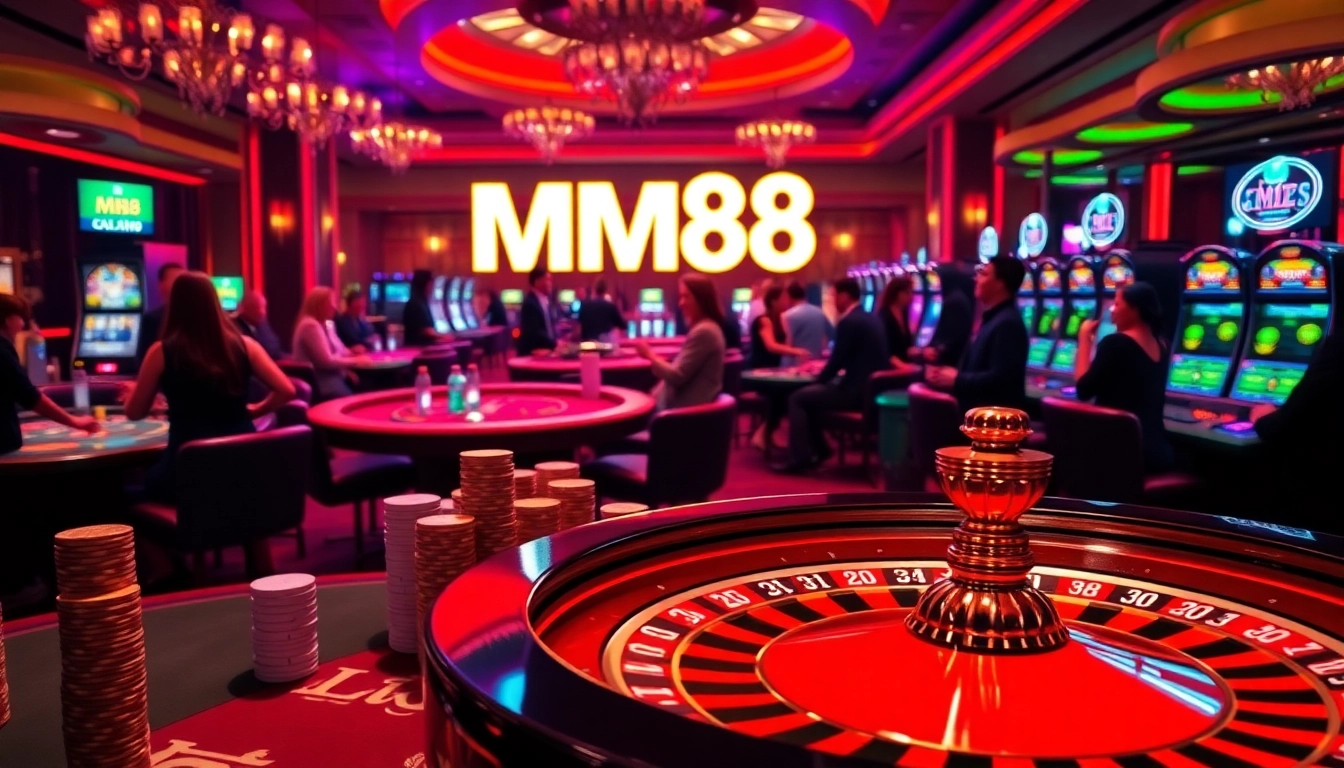Experience thrilling gameplay at MM88's vibrant casino, featuring roulette and poker tables.