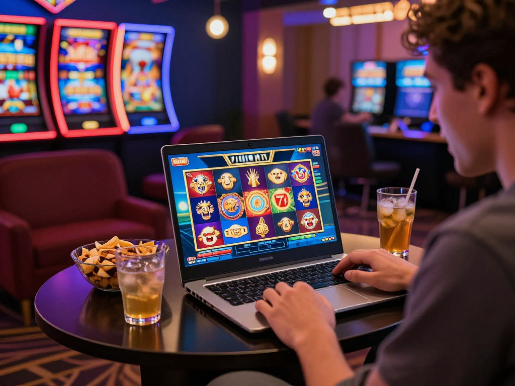 Pengguna gembira bermain slot777 dengan laptop modern dan dekor kasino berwarna di sekitarnya.