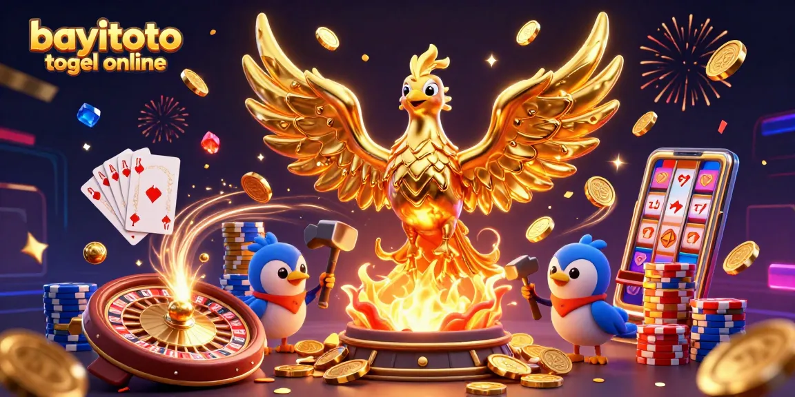 Experience thrilling wins with bayitoto togel online featuring a golden phoenix and cascading coins in a vibrant lottery scene.