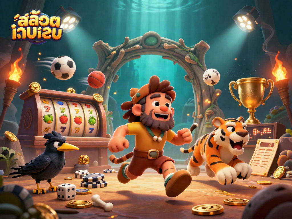 Engaging visualizarion of สล็อตเว็บตรง showcasing a dynamic prehistoric casino with cavemen and slot reels.