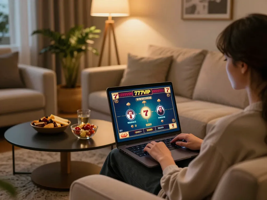 Play exciting games on 777VIP in a cozy home environment with a laptop and snacks.