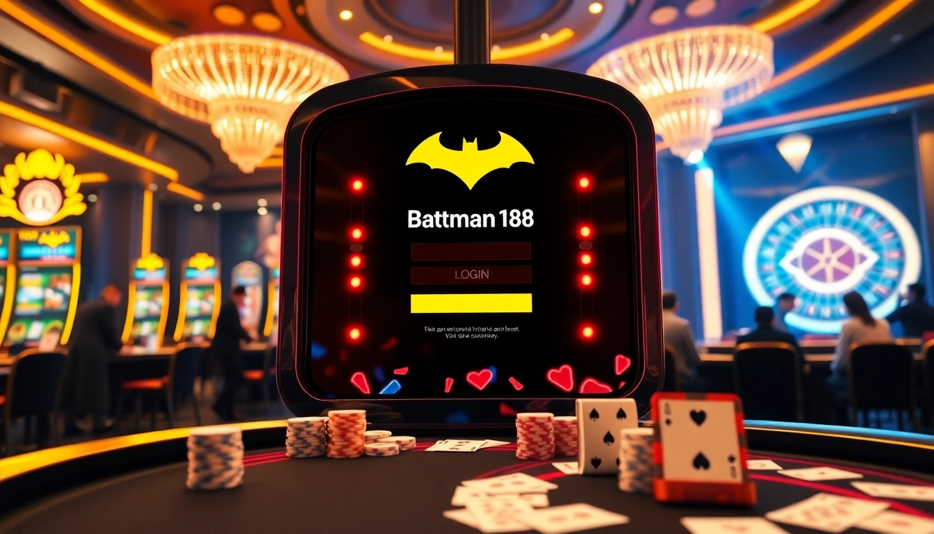 Experience seamless gaming with batman138 login in this vibrant casino scene with slot machines and poker tables.