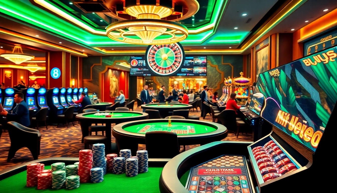 Excited players engaging at the 8Xbet casino, surrounded by vibrant gaming tables and lighting.
