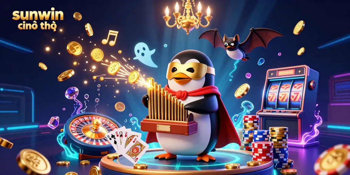 Experience the thrilling world of sunwin chính thức with a vibrant 3D casino scene featuring a penguin and dynamic game elements.