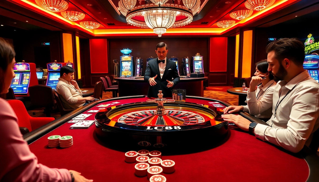 Players placing bets at the luxurious LC88 casino gaming table with lively atmosphere.