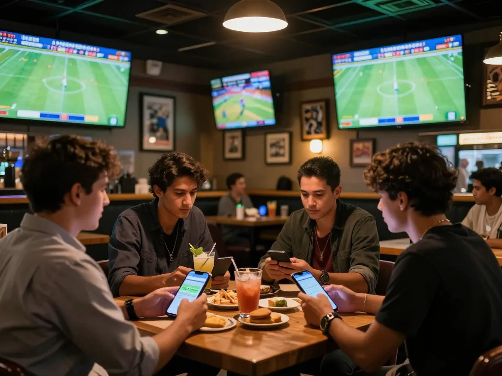 Soi Kèo sports betting scene with patrons using apps while watching live games