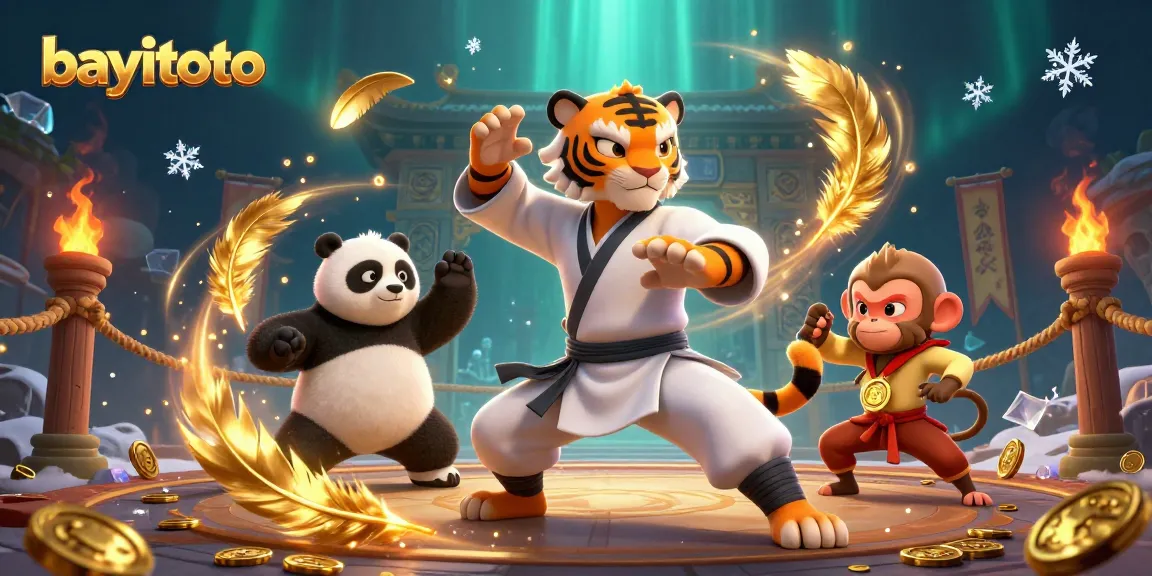 Engage with bayitoto's immersive online casino experience featuring a kung fu tiger and panda in action.