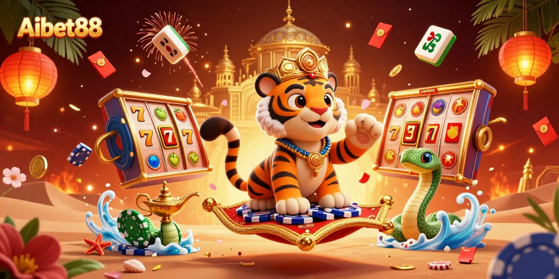 Aibet88 slots and jackpots come alive with a vibrant 3D Arabian-themed illustration featuring a sultan and genie.