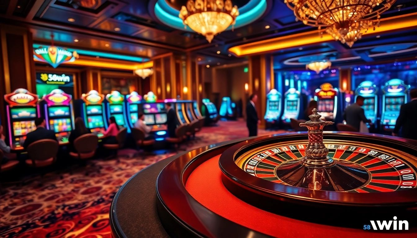 Experience high-stakes excitement at 58win's luxurious casino tables and vibrant gaming atmosphere.