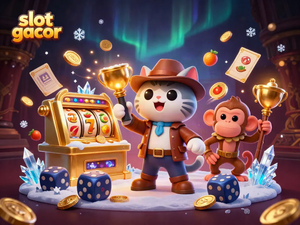 Slot gacor: Kucing arkeolog menjelajahi artefak mesin slot di kasino, dikelilingi simbol keberuntungan dan koin emas.