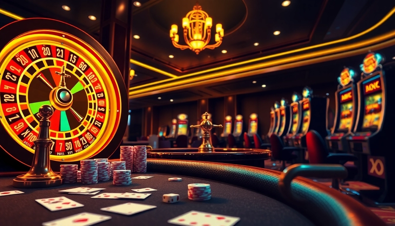 Experience thrilling gaming at ku bet with vibrant casino tables, poker chips, and roulette wheels.