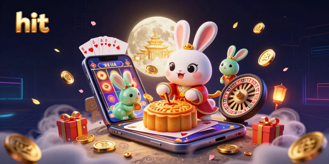 Engaging casino scene with hit-themed moon rabbit revealing poker chips while surrounded by vibrant game elements.